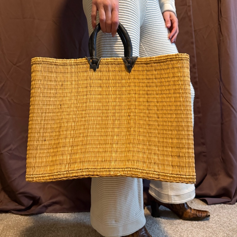 Large Woven Tote Bag with Leather Handles